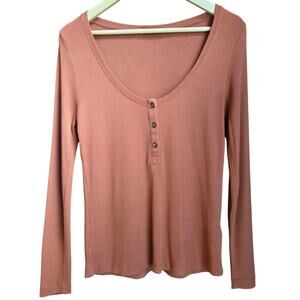 Marine Layer Women Lexi Scoop Neck Henley Top L Clay Basic Minimalist Casual